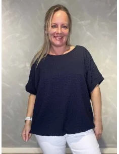 Navy bluse med struktur og elastik til kvinder – TIPPY Collection