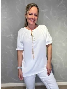 Hvid bluse med snøre og pufærmer til kvinder – TIPPY Collection