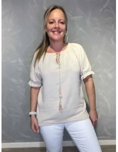 Sand bluse med snøre og pufærmer til kvinder – TIPPY Collection