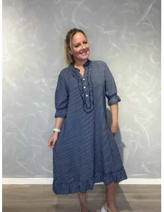 Blå stribet kjole med flæser til kvinder – TIPPY Collection