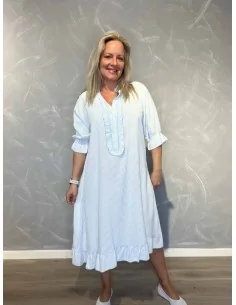 Sky stribet kjole med flæser til kvinder – TIPPY Collection