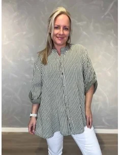Grøn/hvid stribet skjorte oversize til kvinder – TIPPY Italian Select