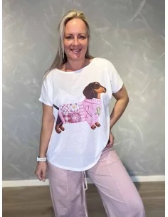 Hvid t-shirt med gravhund print til kvinder – TIPPY Collection