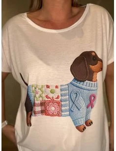 Hvid t-shirt med blå gravhund print til kvinder – TIPPY Collection 2