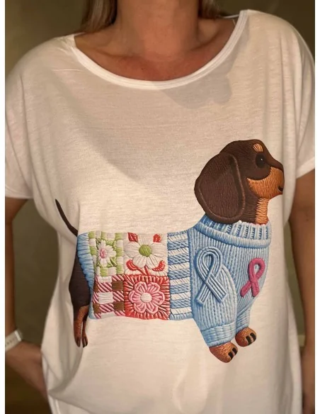 Blå gravhund print på hvid t-shirt – TIPPY