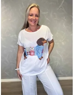 Hvid t-shirt med blå gravhund print til kvinder – TIPPY Collection