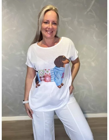 Hvid t-shirt med blå gravhund print til kvinder – TIPPY Collection