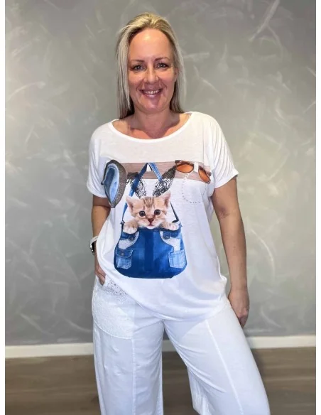 Hvid t-shirt med killing i taske print til kvinder – TIPPY Collection