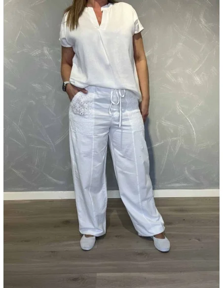 Hvide bukser med broderi lommer til kvinder – TIPPY Italian Select