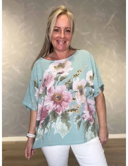 Turkis bluse med blomsterprint til kvinder – TIPPY Collection