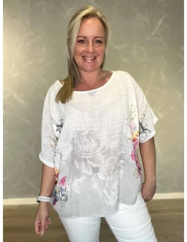 Hvid/grå bluse med blomsterprint til kvinder – TIPPY Collection