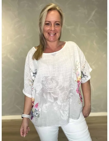 Hvid/grå bluse med blomsterprint til kvinder – TIPPY Collection