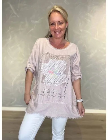 Gammel rosa tunika med blondeprint med blomst til kvinder – TIPPY Collection