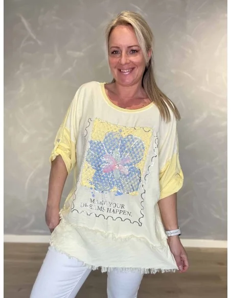 Gul tunika med blondeprint med blomst til kvinder – TIPPY Collection