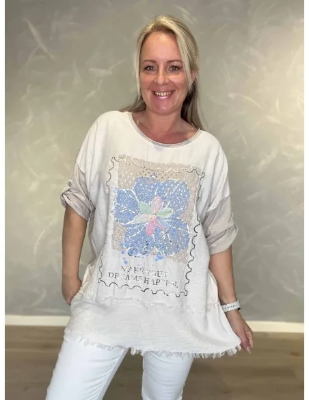 Sand tunika med blondeprint med blomst til kvinder – TIPPY Collection