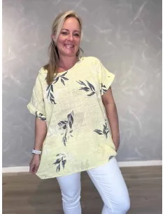 Gul bluse med bladprint og broderet ryg til kvinder – TIPPY Collection