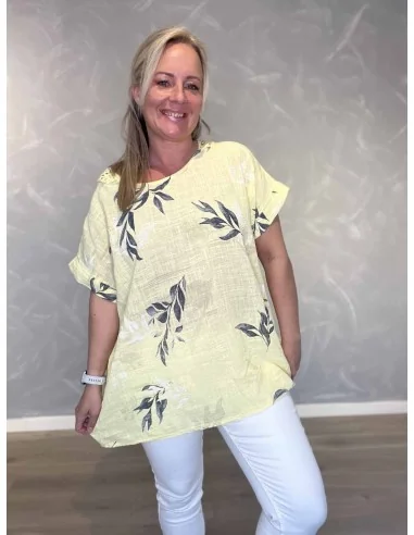 Gul bluse med bladprint og broderet ryg til kvinder – TIPPY Collection