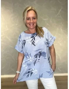 Sky bluse med bladprint og broderet ryg til kvinder – TIPPY Collection