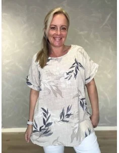 Sand bluse med bladprint og broderet ryg til kvinder – TIPPY Collection