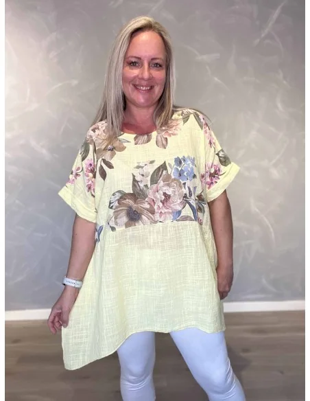 Gul 2 delt tunika med blomster overdel til kvinder – TIPPY Collection
