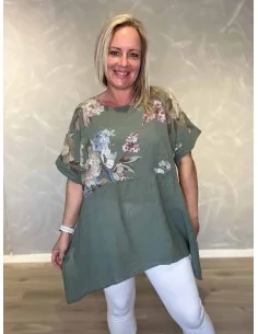 Grøn 2 delt tunika med blomster overdel til kvinder – TIPPY Collection