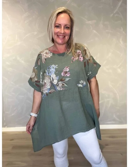 Grøn 2 delt tunika med blomster overdel til kvinder – TIPPY Collection