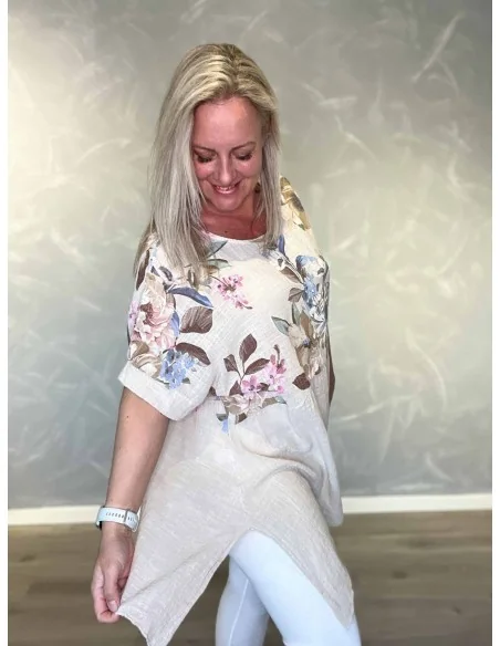 Sand 2 delt tunika med blomster overdel til kvinder – TIPPY Collection