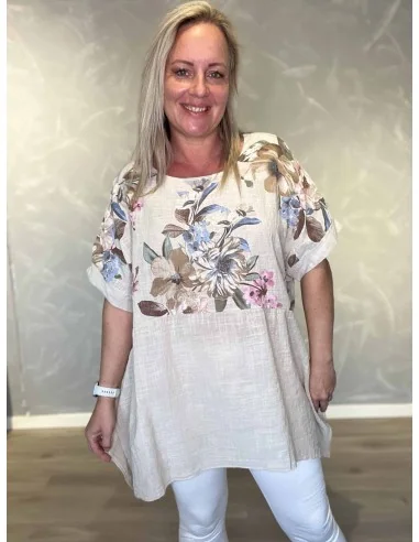 Sand 2 delt tunika med blomster overdel til kvinder – TIPPY Collection