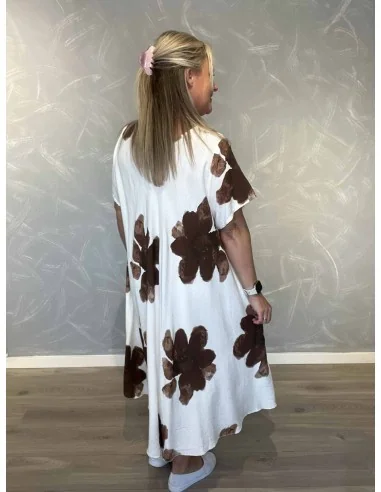 Bagside af hvid kjole med brune blomster – TIPPY