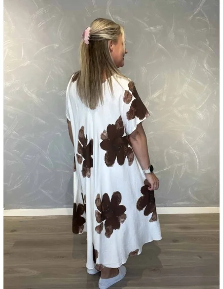 Bagside af hvid kjole med brune blomster – TIPPY