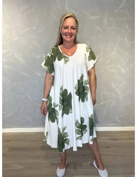 Hvid kjole med grønne blomster og vidde til kvinder – TIPPY Collection