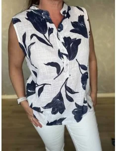 Ærmeløs skjorte bluse med navy tulipan print til kvinder – TIPPY Italian Select 2