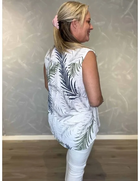 Bagside af ærmeløs skjorte bluse med grå bladprint – TIPPY
