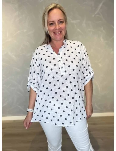 Hvid skjorte bluse med prikker og kinakrave til kvinder – TIPPY Italian Select