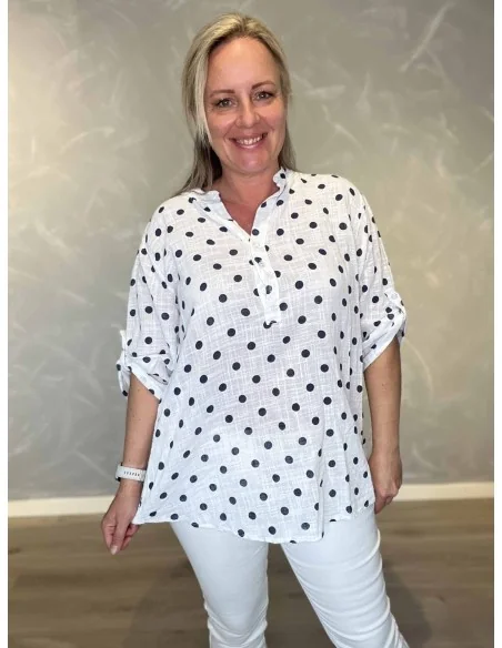 Hvid skjorte bluse med prikker og kinakrave til kvinder – TIPPY Italian Select