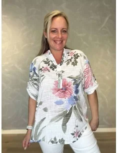 Blå skjorte bluse med rosa blomster og kinakrave til kvinder – TIPPY Italian Select