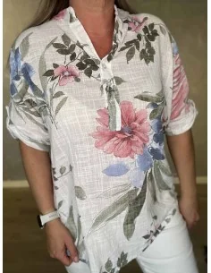 Blå skjorte bluse med rosa blomster og kinakrave til kvinder – TIPPY Italian Select 2