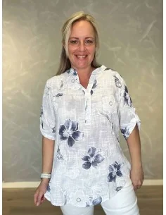 Blå skjorte bluse med hvide blomster og kinakrave til kvinder – TIPPY Italian Select