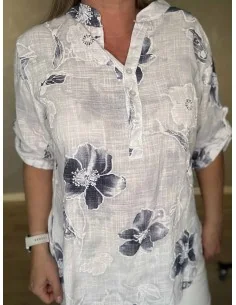 Blå skjorte bluse med hvide blomster og kinakrave til kvinder – TIPPY Italian Select 2