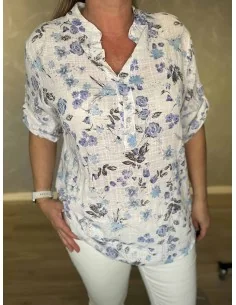 Skjorte bluse med små blå blomster og kinakrave til kvinder – TIPPY Italian Select 2
