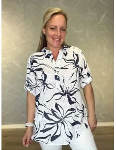 Blå skjorte bluse med mønster og kinakrave til kvinder – TIPPY Italian Select
