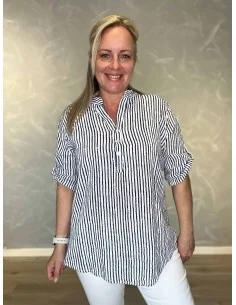 Navy skjorte bluse med striber og kinakrave til kvinder – TIPPY Italian Select