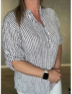 Navy skjorte bluse med striber og kinakrave til kvinder – TIPPY Italian Select 2
