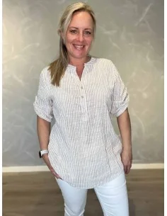 Sand skjorte bluse med striber og kinakrave til kvinder – TIPPY Italian Select