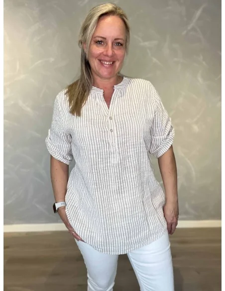 Sand skjorte bluse med striber og kinakrave til kvinder – TIPPY Italian Select