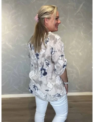 Bagside af sand skjorte bluse med blå blomsterprint til kvinder – TIPPY
