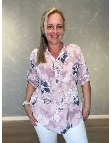 Rosa skjorte bluse med blomsterprint og kinakrave til kvinder – TIPPY Italian Select