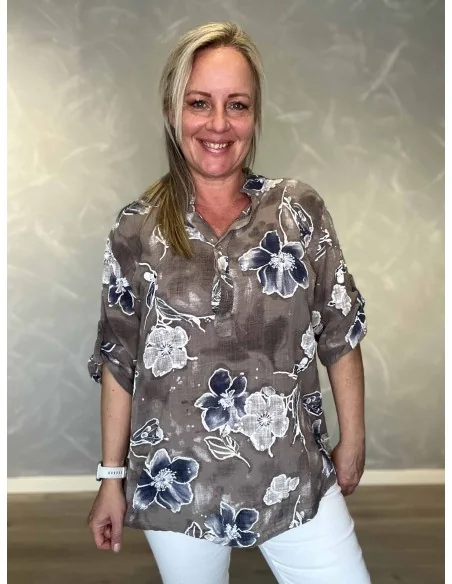 Brun skjorte bluse med blomsterprint og kinakrave til kvinder – TIPPY Italian Select