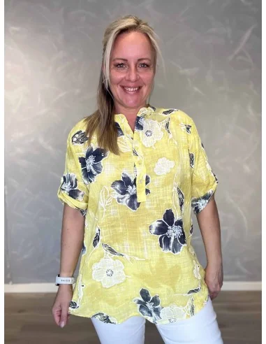 Gul skjorte bluse med blomsterprint og kinakrave til kvinder – TIPPY Italian Select