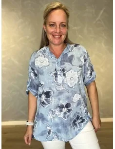 Blå skjorte bluse med blomsterprint og kinakrave til kvinder – TIPPY Italian Select